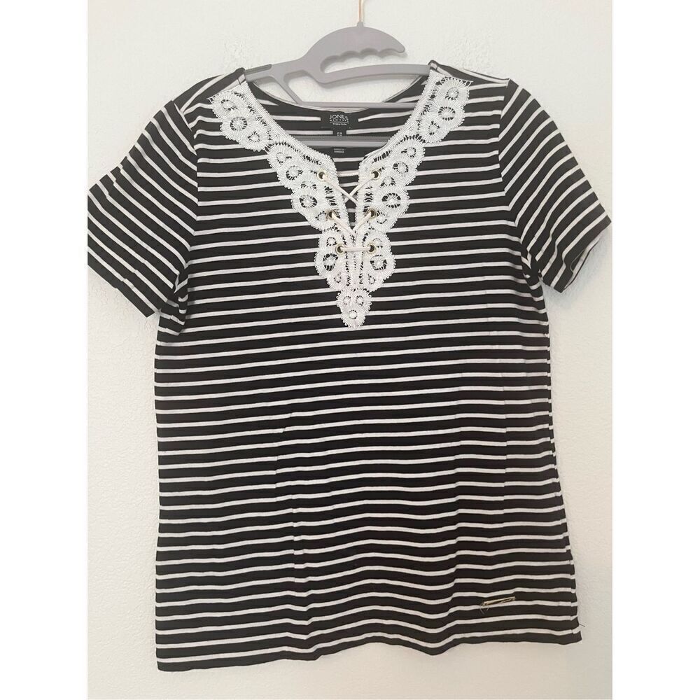 Jones New York Black and White Striped Lace Neck Blouse